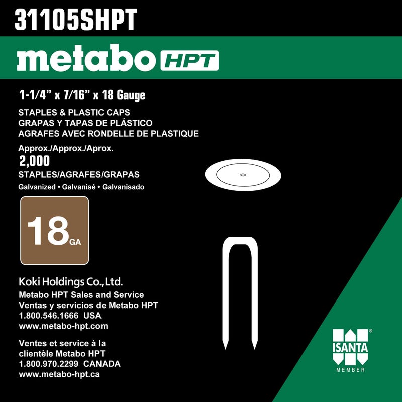 Metabo HPT 31105SHPT 18 Ga Galvanized Cap Staples 7/16" Crown 1-1/4" x 18Ga EG Staple & Plastic Cap | 2000 Count - Image 3